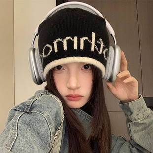 韩版 包头帽 街头潮酷字母针织帽秋冬保暖大头围百搭毛线帽小众个性