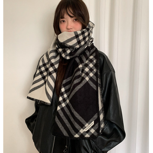 秋冬季复古格纹针织围巾保暖百搭