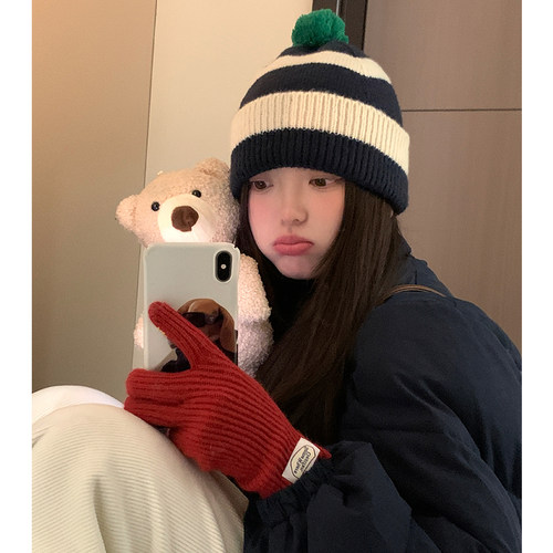 韩版女款秋冬条纹毛线帽保暖防寒
