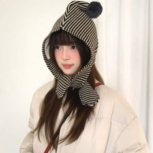 韩系可爱毛球条纹针织雷锋帽女冬