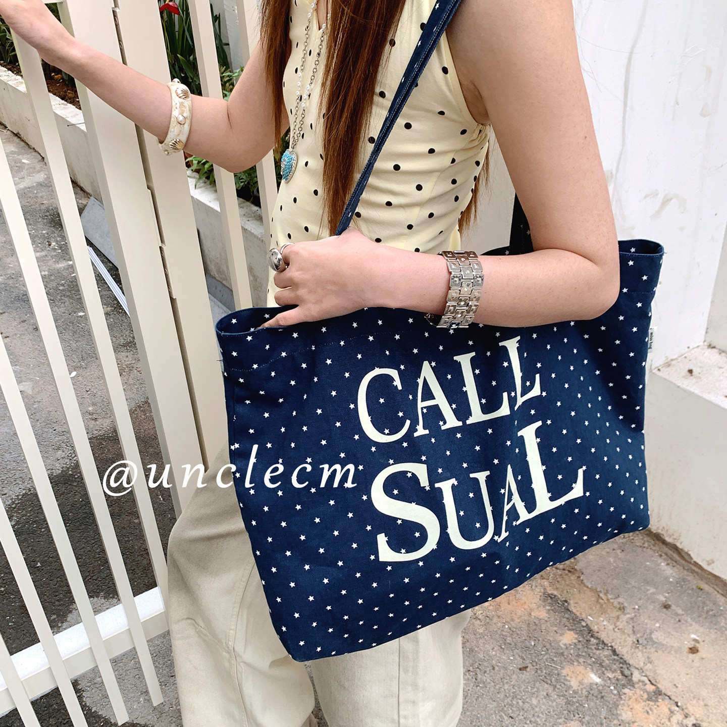 韩系星星波点字母托特包女大容量通勤单肩包简约慵懒风手提帆布包
