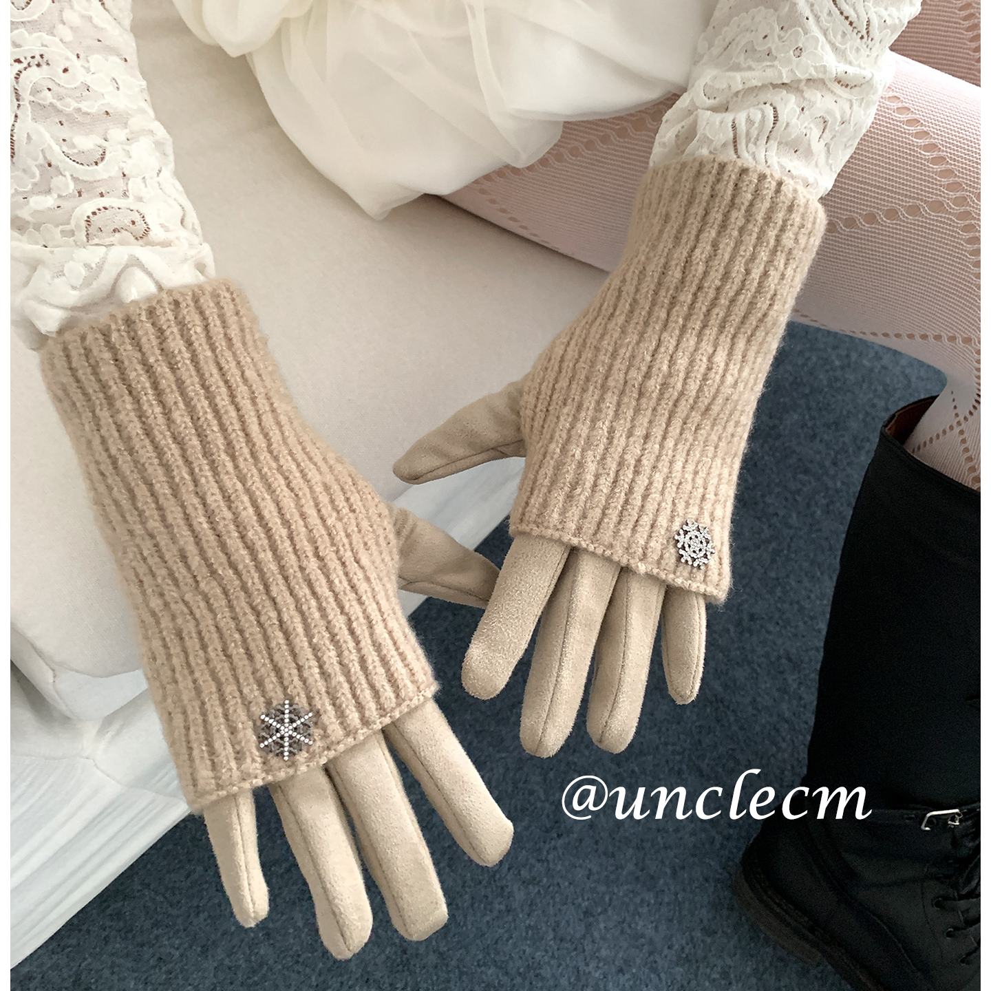 韩版麂皮针织雪花分指手套女士冬季加厚保暖二合一防寒骑行可触屏,服饰配件/皮带/帽子/围巾,手套,淘宝优惠券,粉丝福利购,淘宝优惠卷