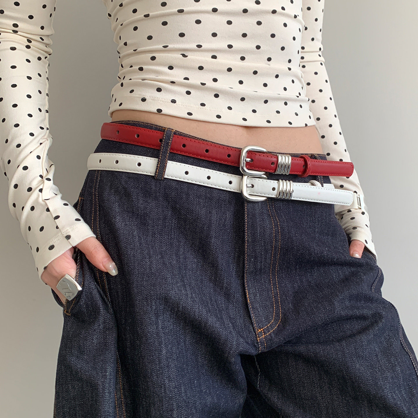 复古高级感细款红色腰带女款2026新款美式小众辣妹风窄款皮带装饰