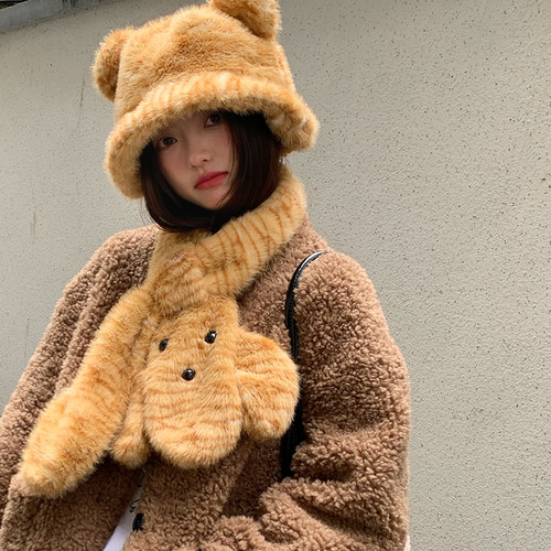 毛绒卡通保暖虎斑帽子围巾潮