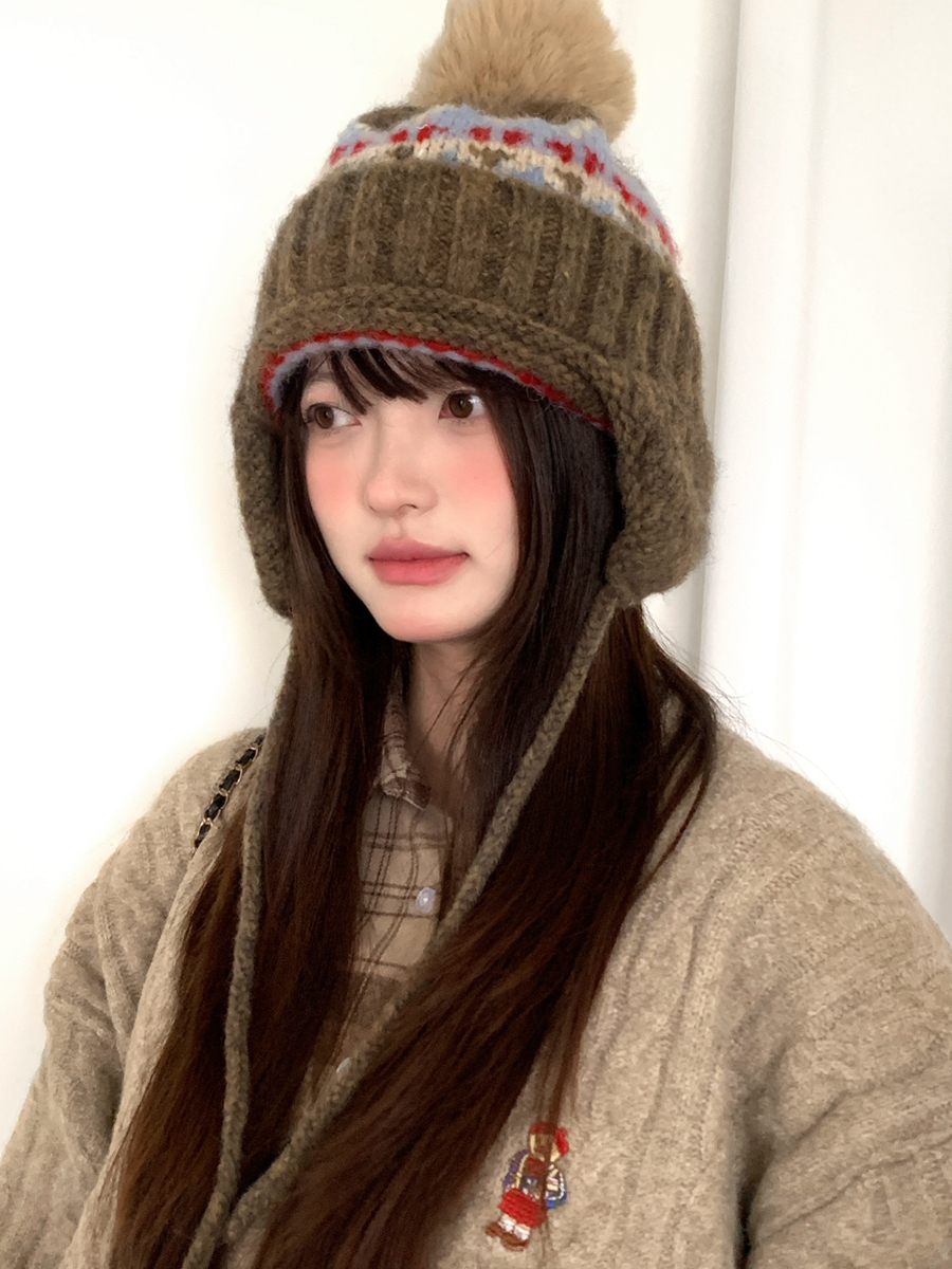 Fair Isle Hat Women's Autumn and Winter Thickened Warm Ear Protection Hat Wool Coldproof Knitted Baotou Lei Feng Hat