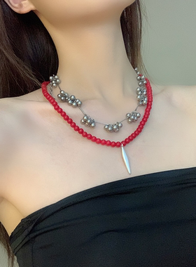 高级感吊坠项链配饰女红色珠子银色葡萄串珠设计感小众时髦锁骨链