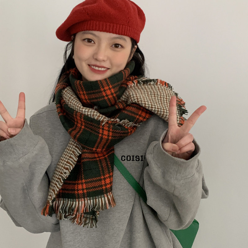 双面格子围巾女2024冬季新款韩版大牌百搭保暖披肩两用围脖绿色