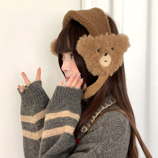 可爱毛绒小熊棕色耳罩女冬季防风保暖绑带耳套户外骑行防寒耳捂子
