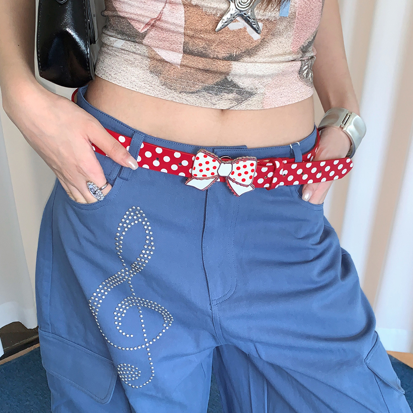 甜酷风Y2K蝴蝶结波点腰带女款多巴胺甜美金属扣皮带配牛仔裤带潮