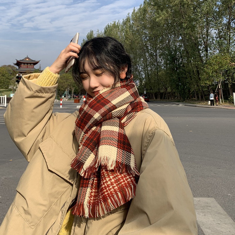 本命年中国红色格子围巾女秋冬季学生加厚韩版百搭情侣少女围脖潮