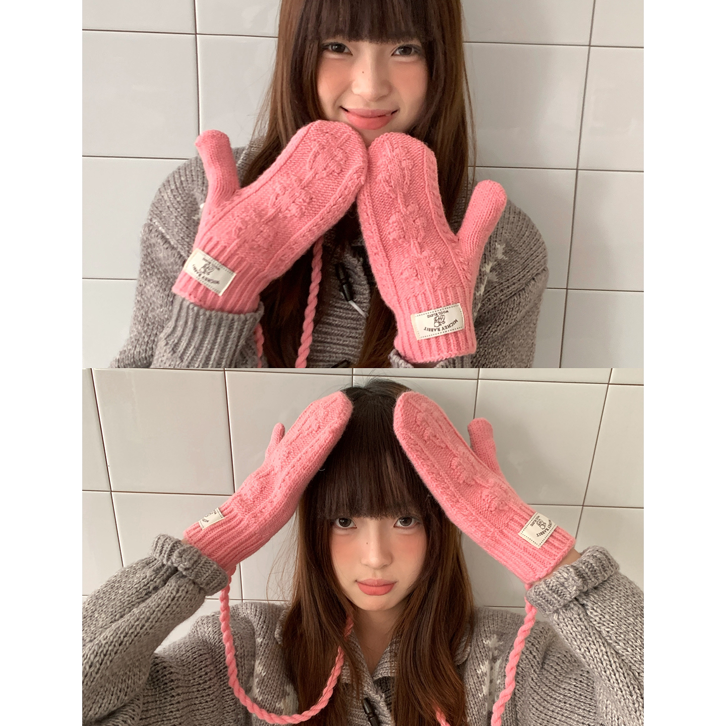 含羊毛韩系氛围感花朵挂脖针织手套女冬季可触屏全包连指保暖防寒