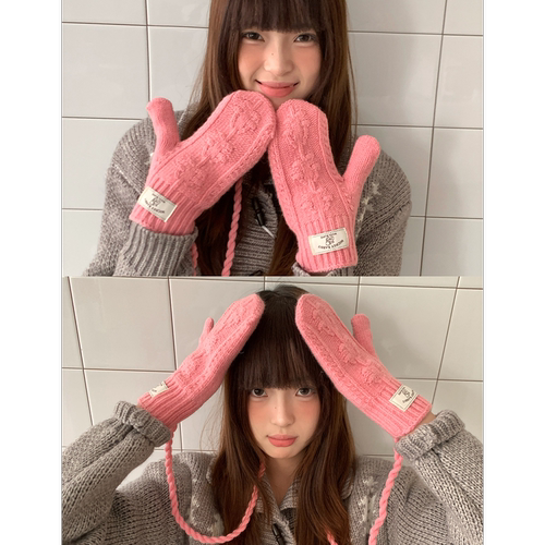 韩系花朵挂脖针织手套女冬季