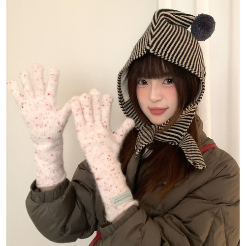 氛围感针织粉色手套女冬季可触屏