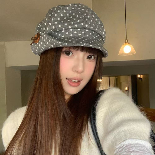 韩系可爱蝴蝶结纽扣波点贝雷帽子