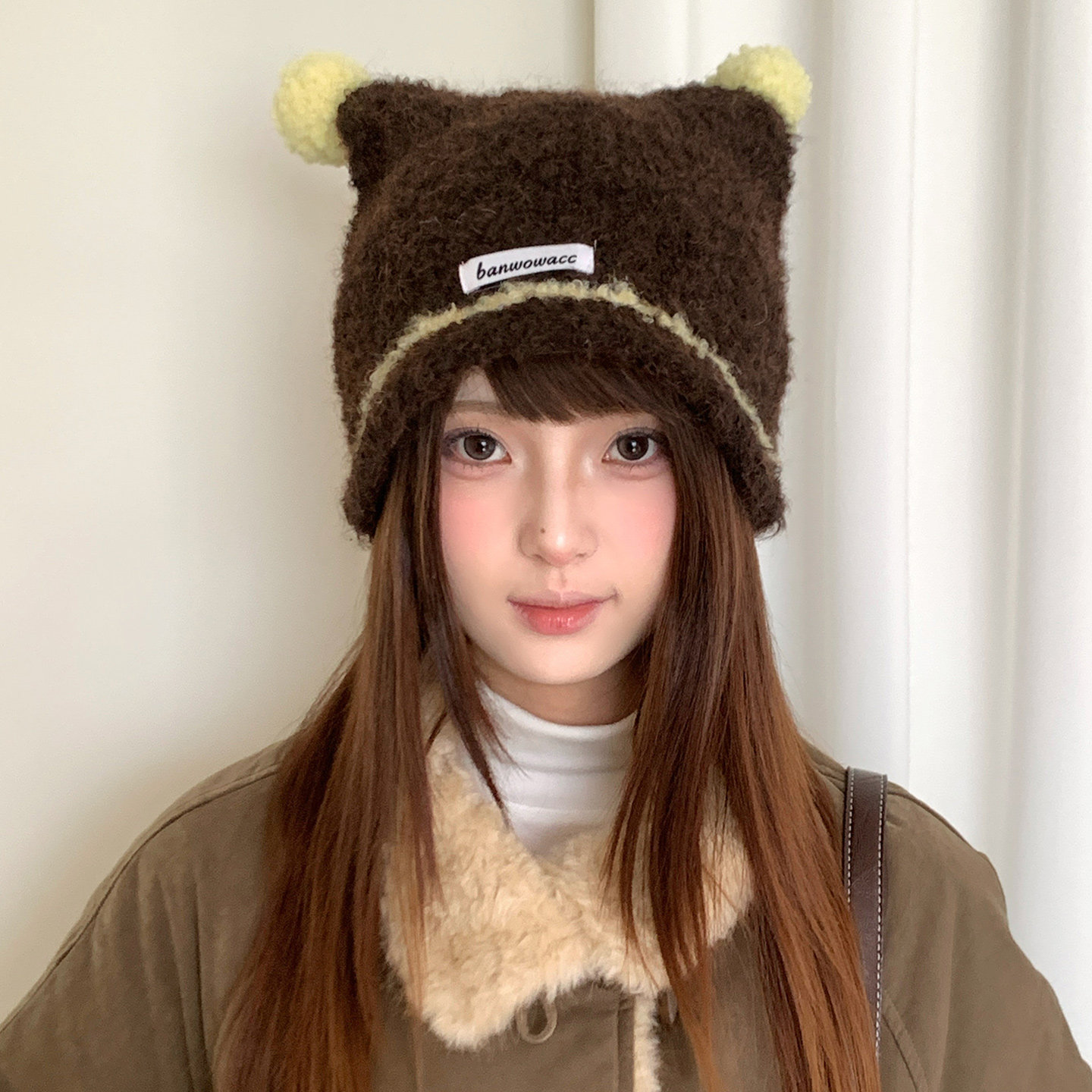 甜美可爱撞色猫耳朵毛球针织帽子女2026年冬季保暖毛绒包头帽冷帽