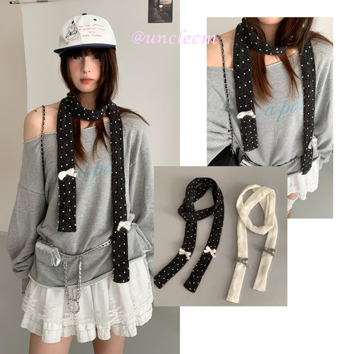 韩系波点蝴蝶结细窄长条小围巾女