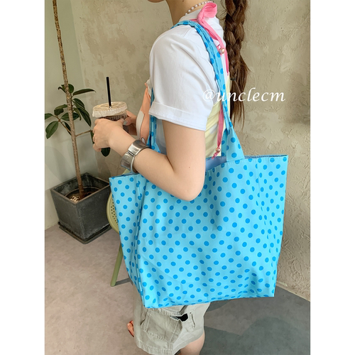 韩系蓝色波点双面背帆布包女