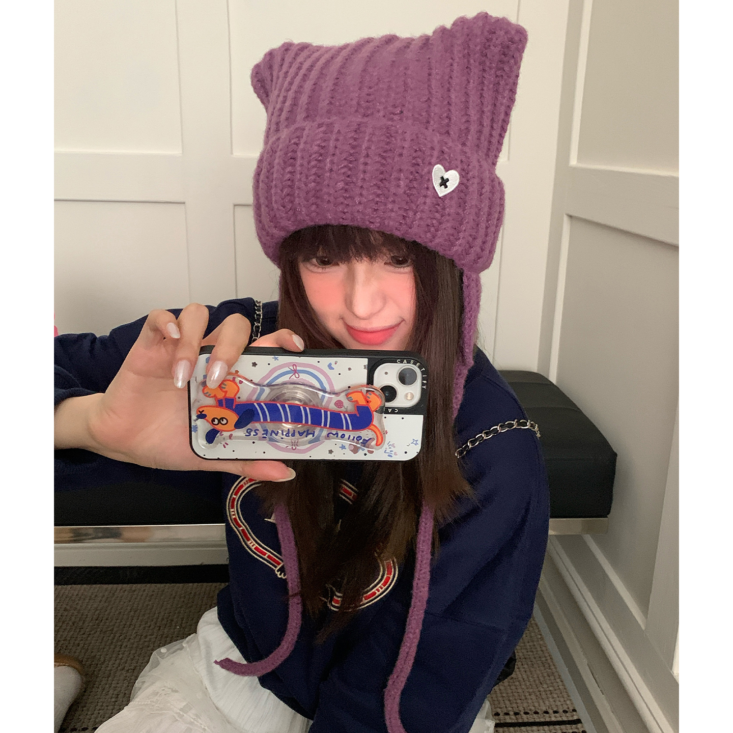 秋冬季爱心护耳毛线帽女