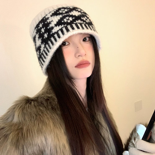 秋冬季韩系复古菱格毛线帽百搭女