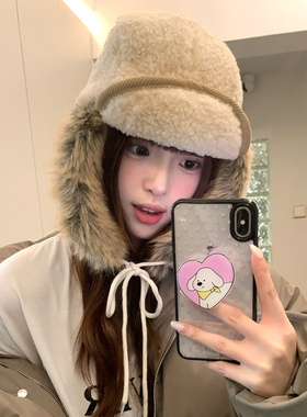 韩版加厚羊羔绒护耳雷锋帽子女冬季大头围户外防寒保暖毛绒护耳帽