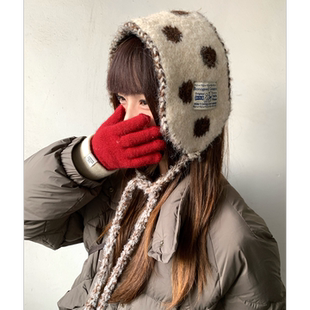 韩系氛围感撞色波点系带耳罩女含羊毛冬季小围巾防寒护耳保暖耳套