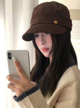 复古美拉德麂皮绒棕色贝雷帽子女秋冬天显脸小报童帽百搭马术帽潮