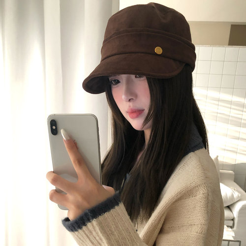 复古美拉德麂皮绒棕色贝雷帽子女