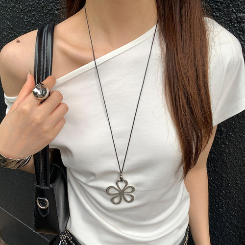 韩系镂空银色花朵长款项链女