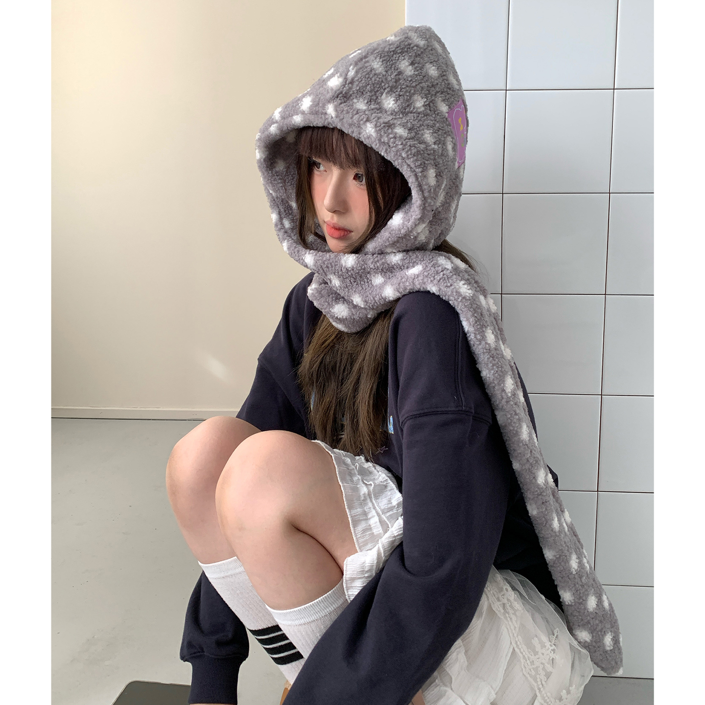 毛绒可爱波点帽子围巾一体式