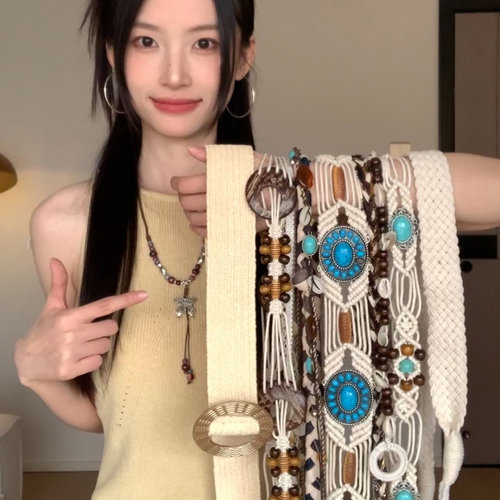 波西米亚手工编织米白色腰带女