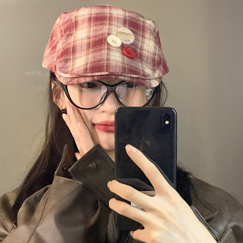 复古女秋季格纹前进帽百搭
