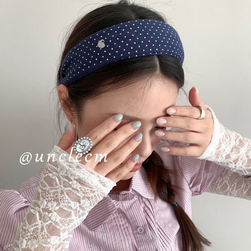 韩系高级感藏青色波点爱心发箍女