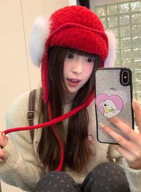 新年红色毛绒针织雷锋帽子女冬季