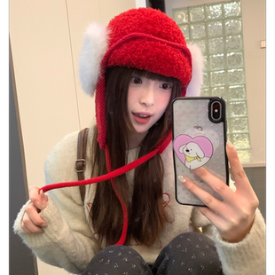 新年红色毛绒针织雷锋帽子女冬季保暖防寒护耳帽大头围毛线飞行帽