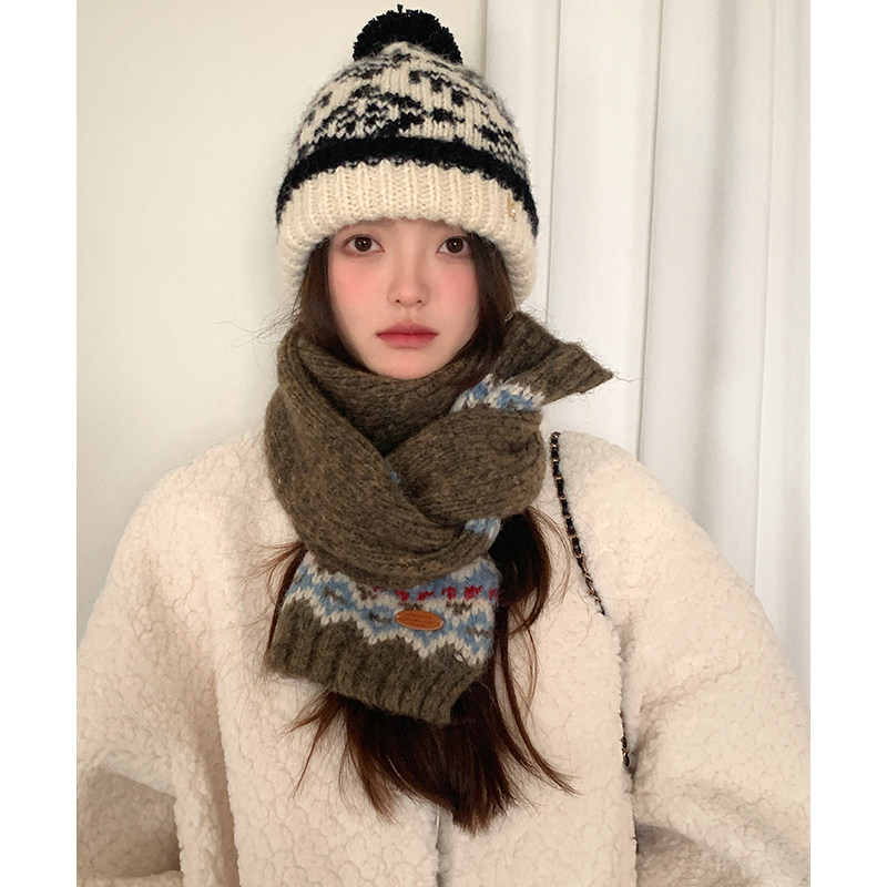 复古提花针织小围巾女冬季2025新款费尔岛秋保暖韩系氛围感围脖潮