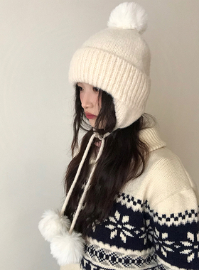 秋冬新款可爱毛球白色针织毛线帽子女百搭保暖显脸小护耳包头帽潮