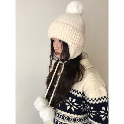韩版秋冬护耳保暖毛球针织帽女