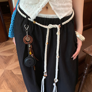 手工编织彩色串珠腰绳女复古高级感卷尺包挂件配裙子牛仔裤 细腰带