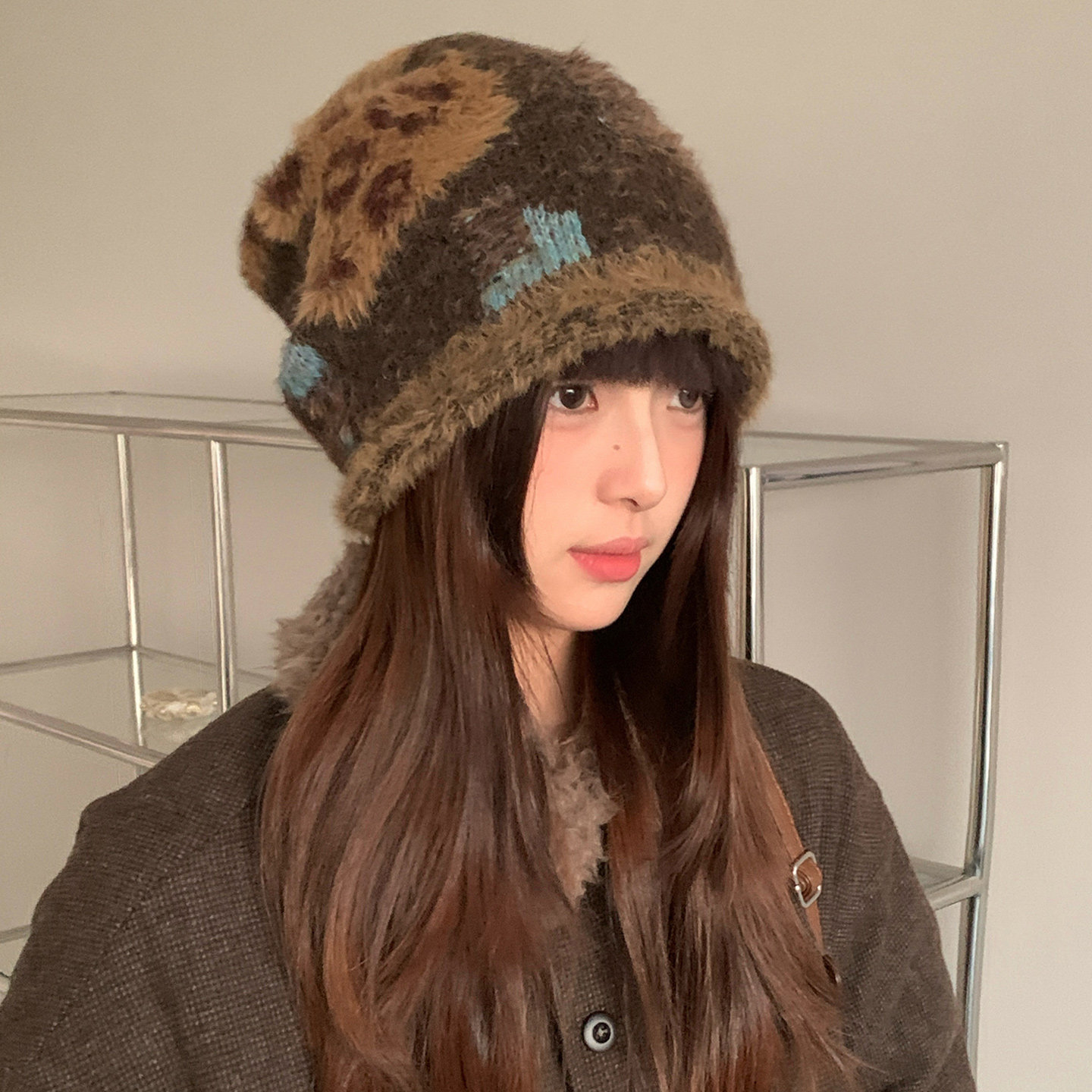 含羊毛复古豹纹拼接毛绒堆堆帽子女冬季保暖毛线帽大头围包头冷帽