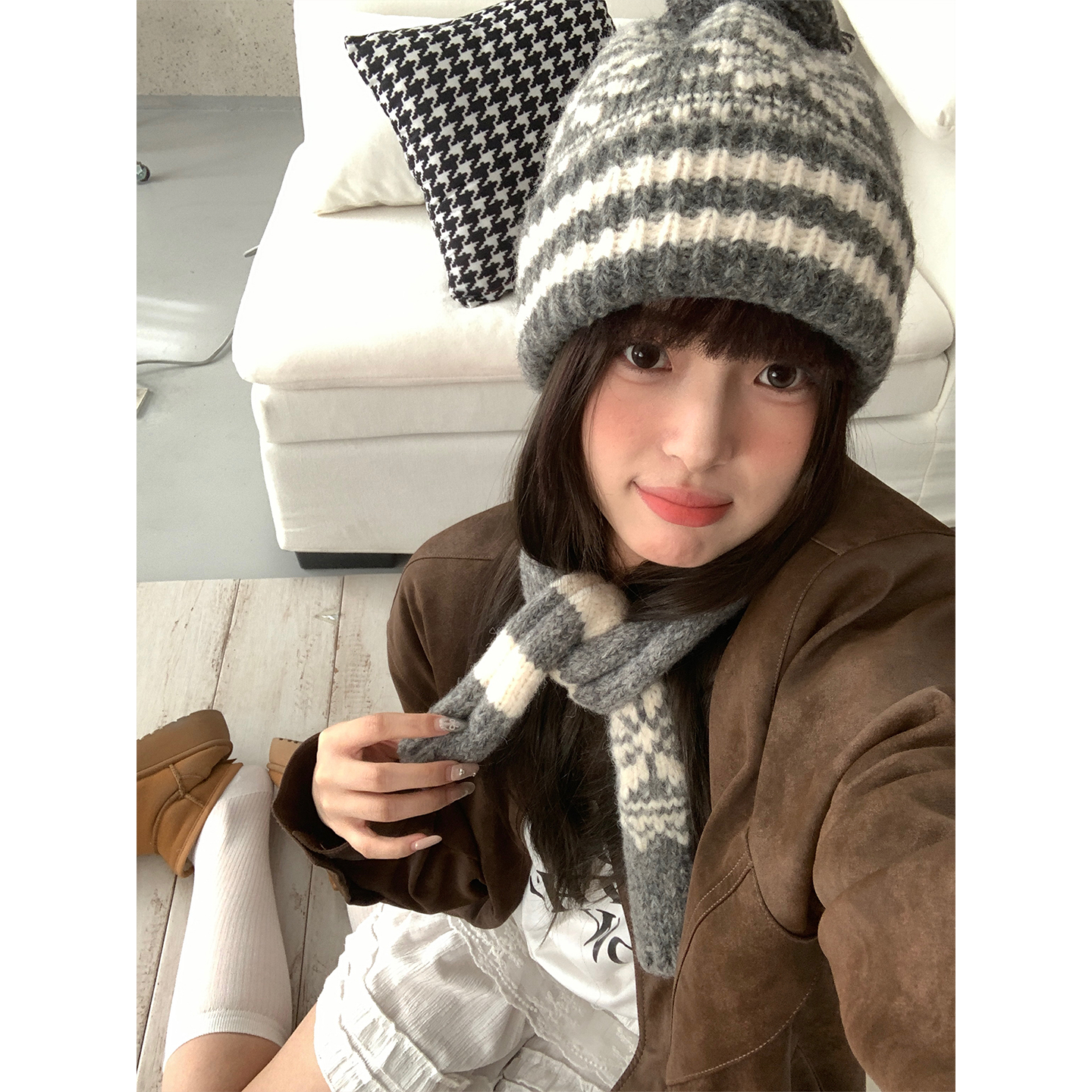 复古费尔岛风提花针织毛线帽女