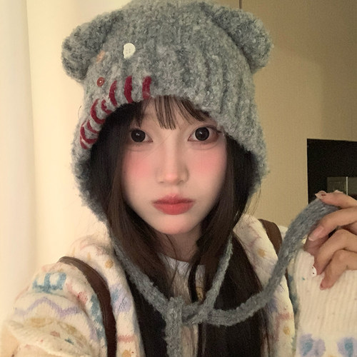 韩版可爱冬季小熊纽扣针织帽百搭