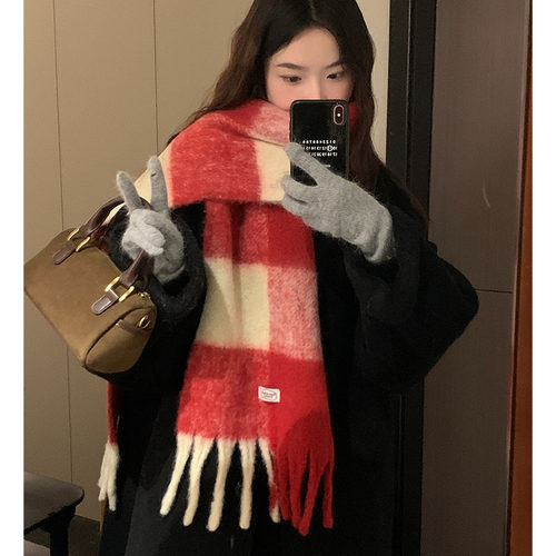 秋冬拼色方格韩版女围巾保暖护颈