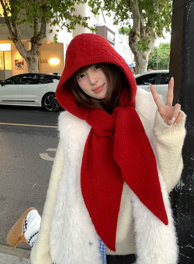含羊毛新年红色巴拉克拉法帽女冬季保暖护耳帽子围巾一体连帽防寒