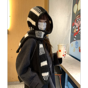 韩系氛围感拼色条纹针织毛线帽女秋冬季 帽子潮 保暖护耳围脖一体式