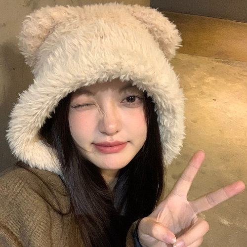 小熊大头围女秋冬针织帽保暖