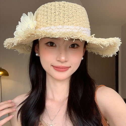 大帽檐蕾丝花朵编织草帽子女