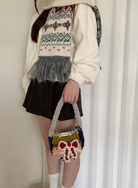 韩版甜美编织蝴蝶结毛线手提包女2025秋冬新款可爱百搭针织斜挎包