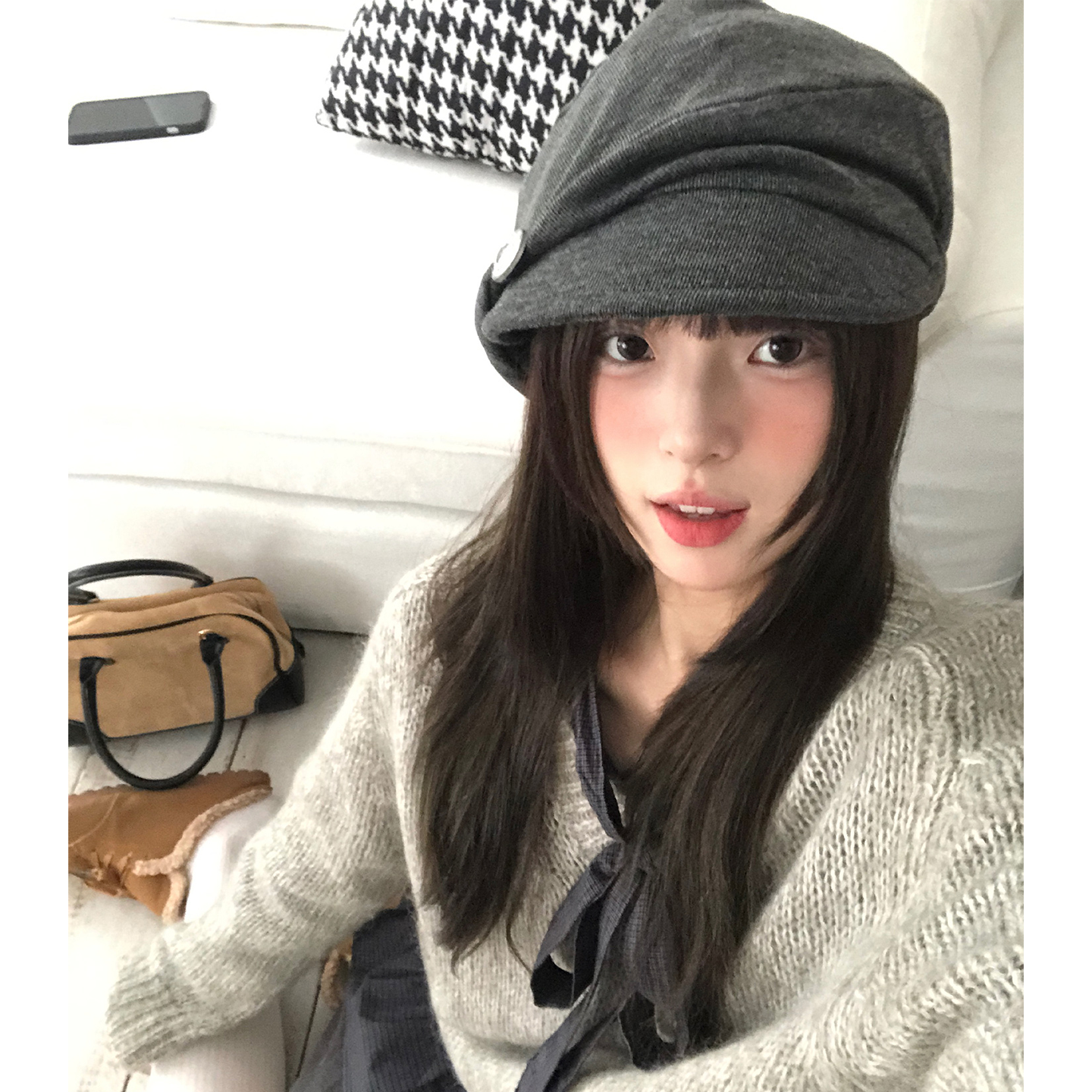 日系复古慵懒感褶皱贝雷帽子女