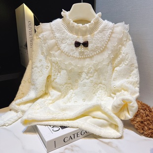 女童打底衫加绒秋冬2025新款中大童女孩半高领花边领内搭独特漂亮