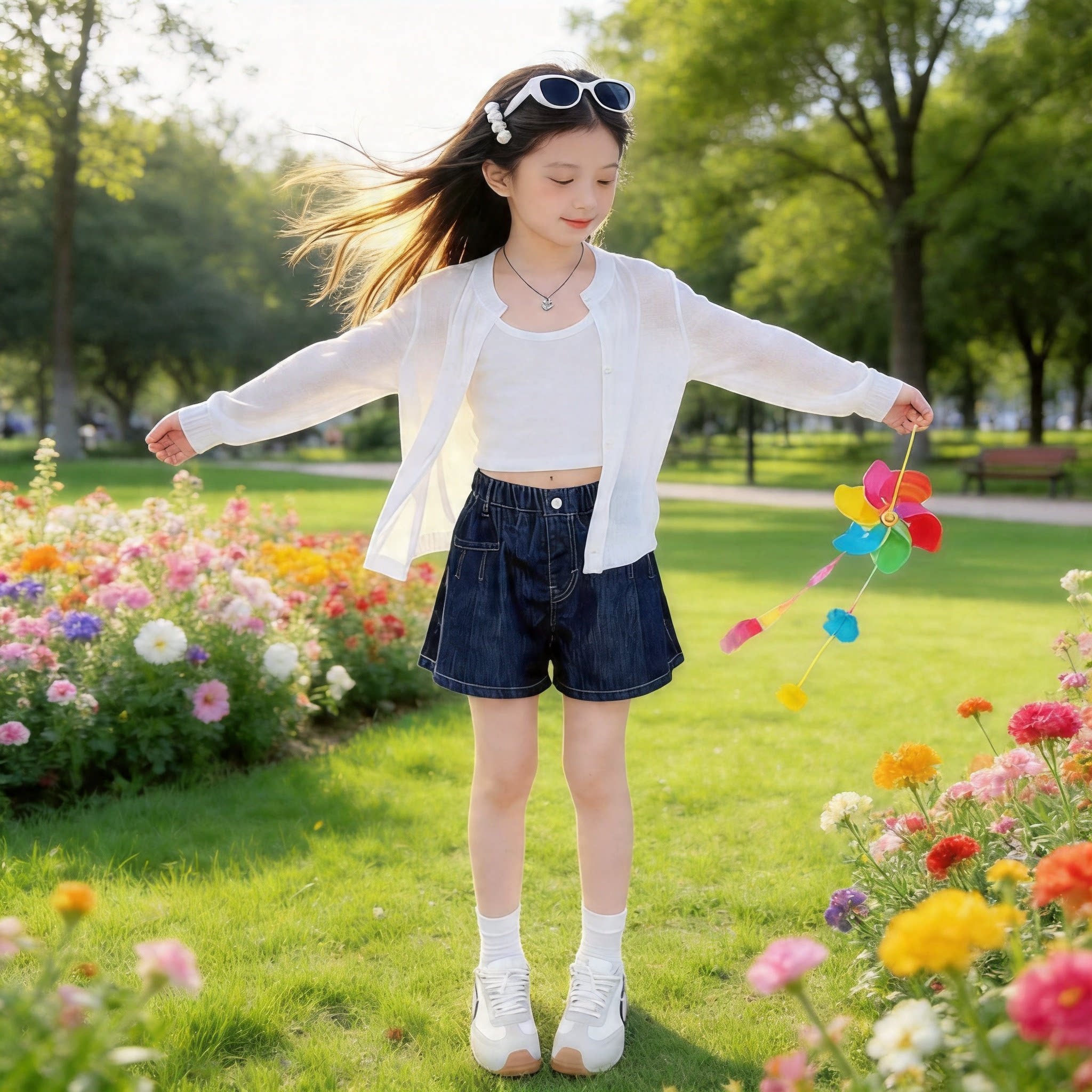女童冰感纤维防晒开衫外套夏季薄款绿色针织中大童牛仔短裤套装图片